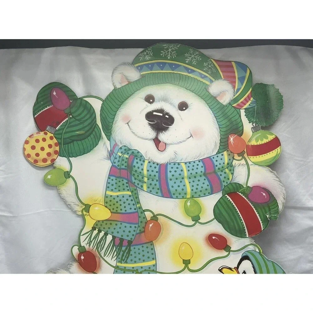 VINTAGE WHITE BEAR PENGUIN CHRISTMAS WINDOW DECORATION DIE CUT 2 SIDES 22” RARE